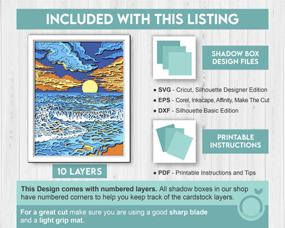 3D SVG Sunset Shadow Box, 8x10 inch Layered Sunset 3D Svg, Summer 3D Svg, Sea 3D SVG, Waves 3D SVG Beach Shadow Box 3d svg Cricut Silhouette