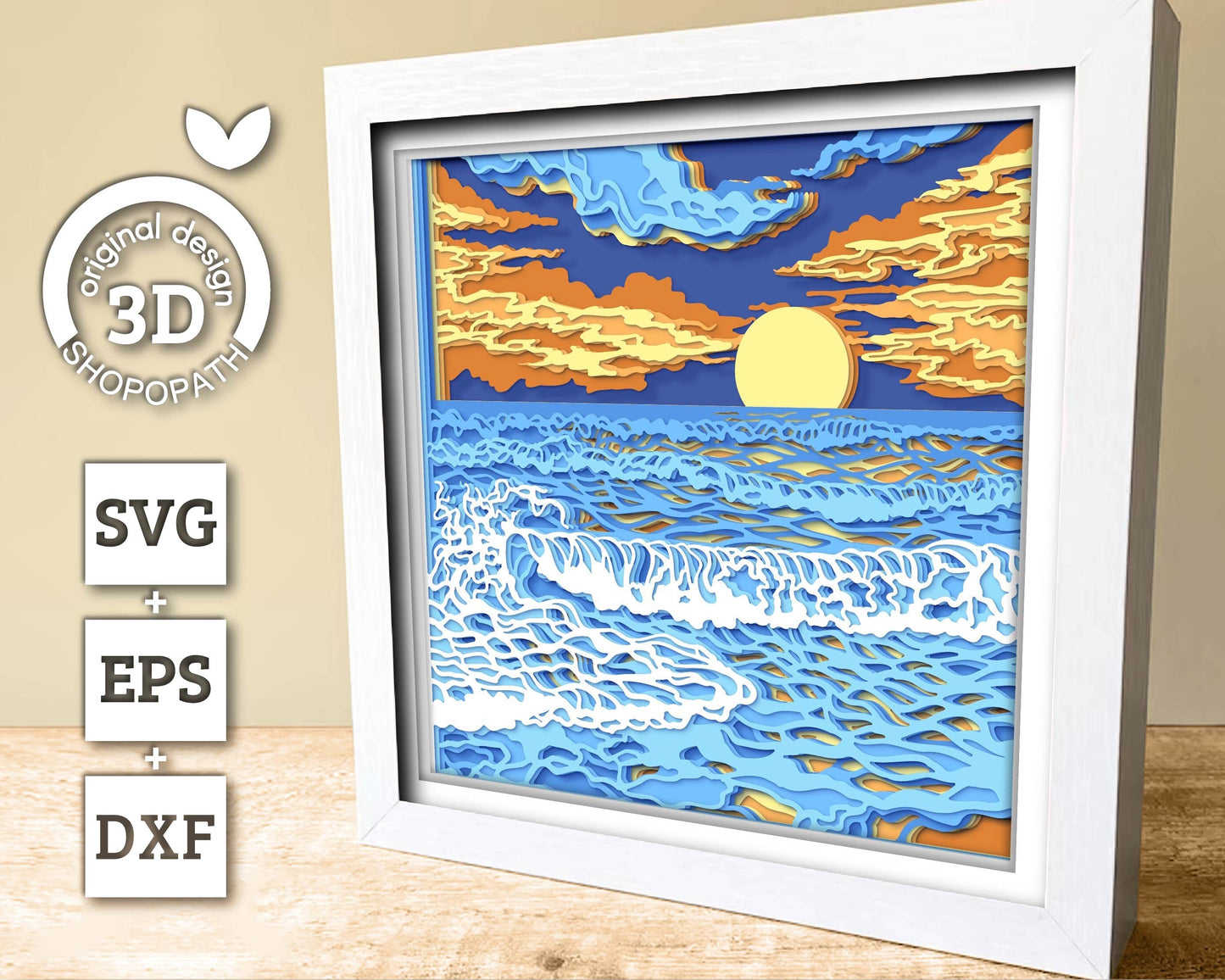 3D SVG Sunset Shadow Box, Sunset 3D Svg, Beach 3d Svg, Sea 3D svg, Summer 3d Svg, Waves 3d svg, 3D SVG Beach Shadow Box Cricut Silhouette