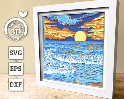 3D SVG Sunset Shadow Box, Sunset 3D Svg, Beach 3d Svg, Sea 3D svg, Summer 3d Svg, Waves 3d svg, 3D SVG Beach Shadow Box Cricut Silhouette