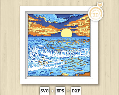 3D SVG Sunset Shadow Box, Sunset 3D Svg, Beach 3d Svg, Sea 3D svg, Summer 3d Svg, Waves 3d svg, 3D SVG Beach Shadow Box Cricut Silhouette