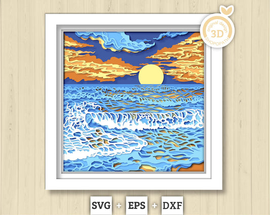 3D SVG Sunset Shadow Box, Sunset 3D Svg, Beach 3d Svg, Sea 3D svg, Summer 3d Svg, Waves 3d svg, 3D SVG Beach Shadow Box Cricut Silhouette