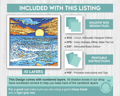 3D SVG Sunset Shadow Box, Sunset 3D Svg, Beach 3d Svg, Sea 3D svg, Summer 3d Svg, Waves 3d svg, 3D SVG Beach Shadow Box Cricut Silhouette