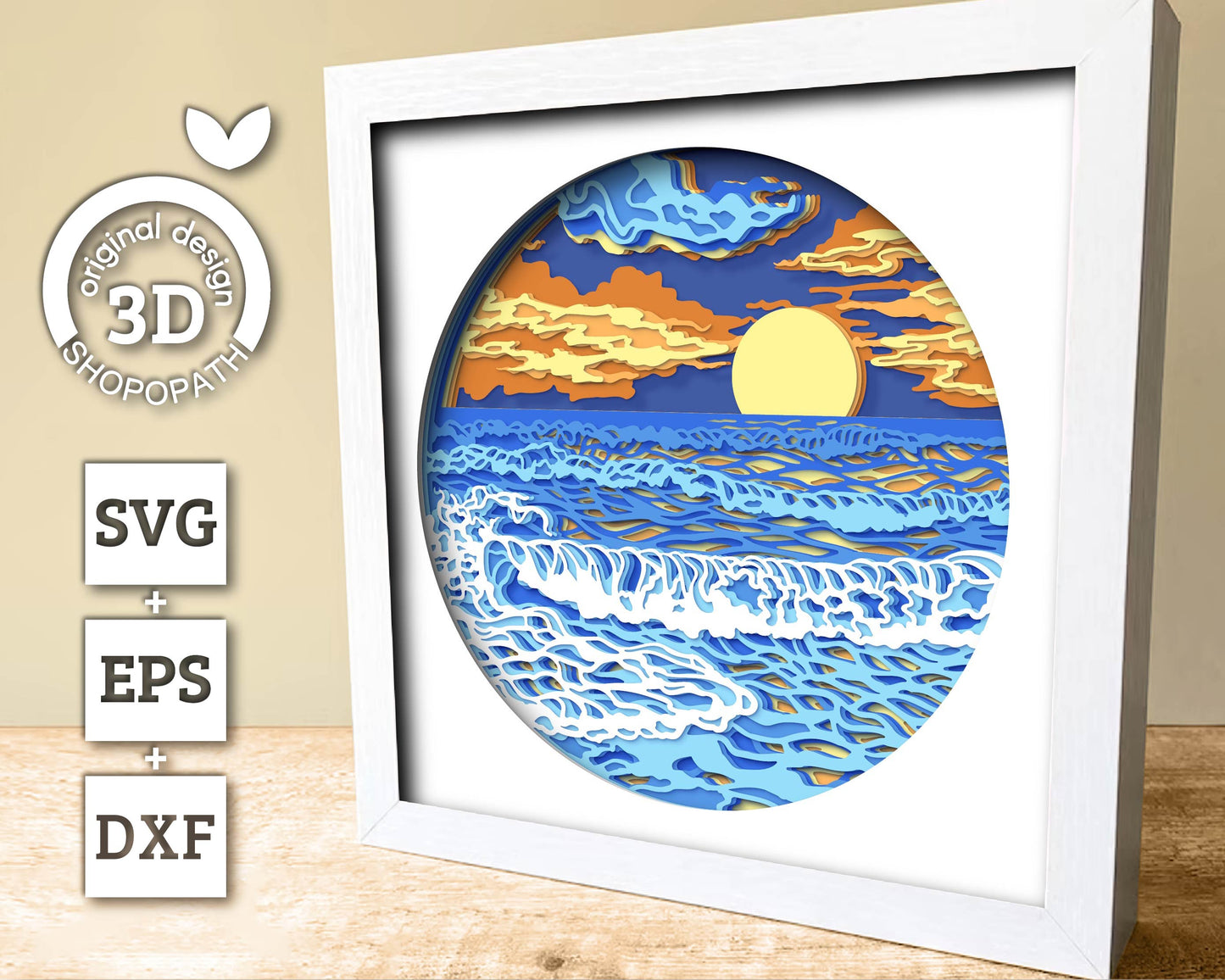 3D SVG Beach Sunset Shadow Box, Sunset 3D Svg, Beach 3d Svg, Waves 3d svg, Summer 3d Svg, 3D SVG Beach Shadow Box Cricut Silhouette