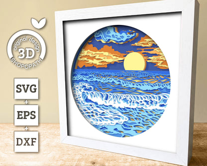 3D SVG Beach Sunset Shadow Box, Sunset 3D Svg, Beach 3d Svg, Waves 3d svg, Summer 3d Svg, 3D SVG Beach Shadow Box Cricut Silhouette