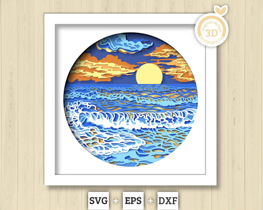 3D SVG Beach Sunset Shadow Box, Sunset 3D Svg, Beach 3d Svg, Waves 3d svg, Summer 3d Svg, 3D SVG Beach Shadow Box Cricut Silhouette