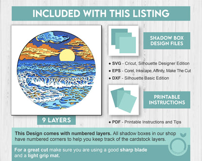 3D SVG Beach Sunset Shadow Box, Sunset 3D Svg, Beach 3d Svg, Waves 3d svg, Summer 3d Svg, 3D SVG Beach Shadow Box Cricut Silhouette