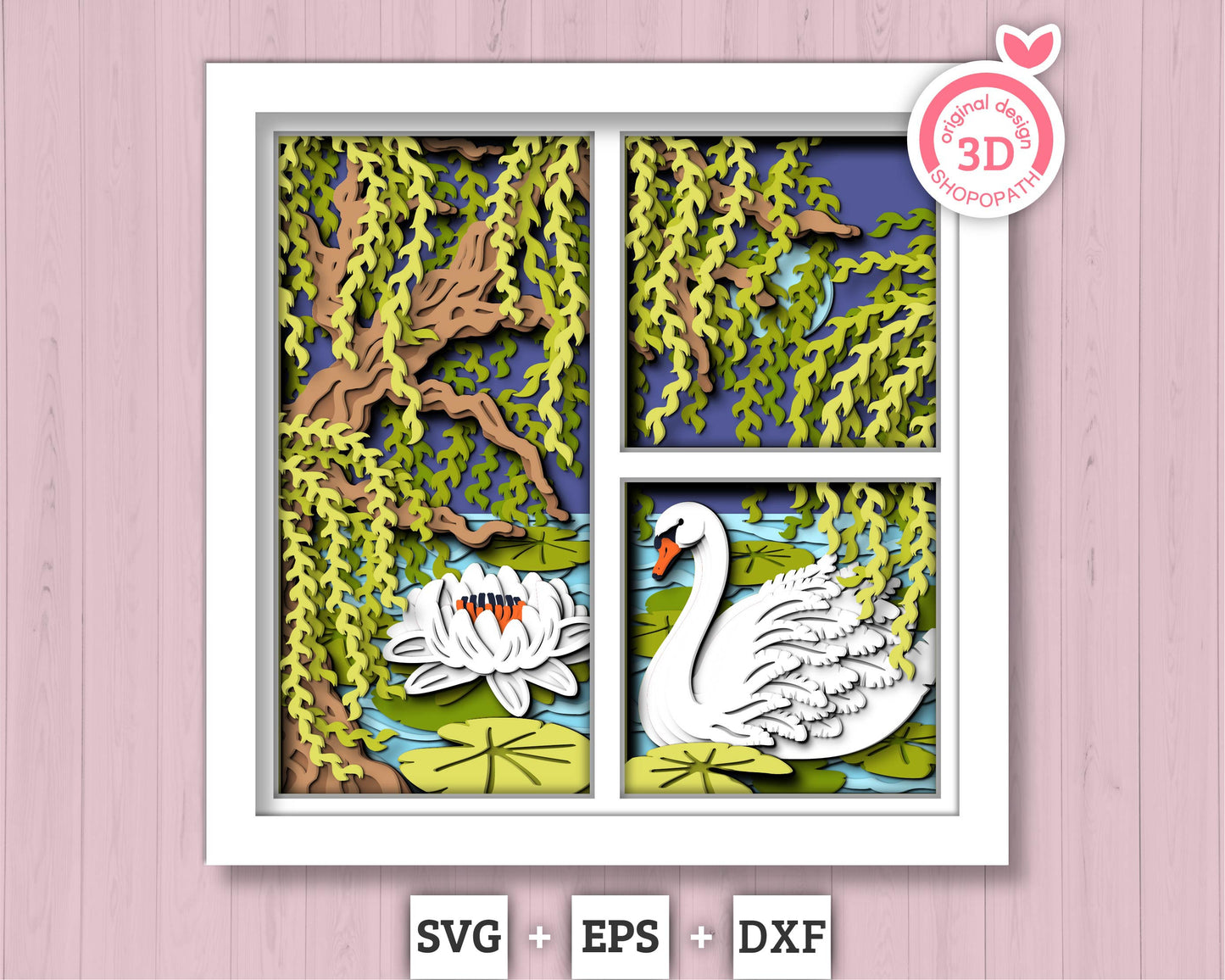 3D Swan Under Willow Tree Shadow Box SVG, 3D Layered Swan Svg, Lily Flower 3D SVG, 3D Summer SVG, 3d Lotus Flower svg, Cricut Silhouette