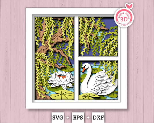 3D Swan Under Willow Tree Shadow Box SVG, 3D Layered Swan Svg, Lily Flower 3D SVG, 3D Summer SVG, 3d Lotus Flower svg, Cricut Silhouette