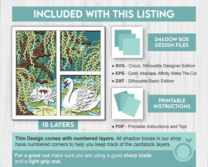 3D Swan Under Willow Tree Shadow Box SVG, 3D Layered Swan Svg, Lily Flower 3D SVG, 3D Summer SVG, 3d Lotus Flower svg, Cricut Silhouette