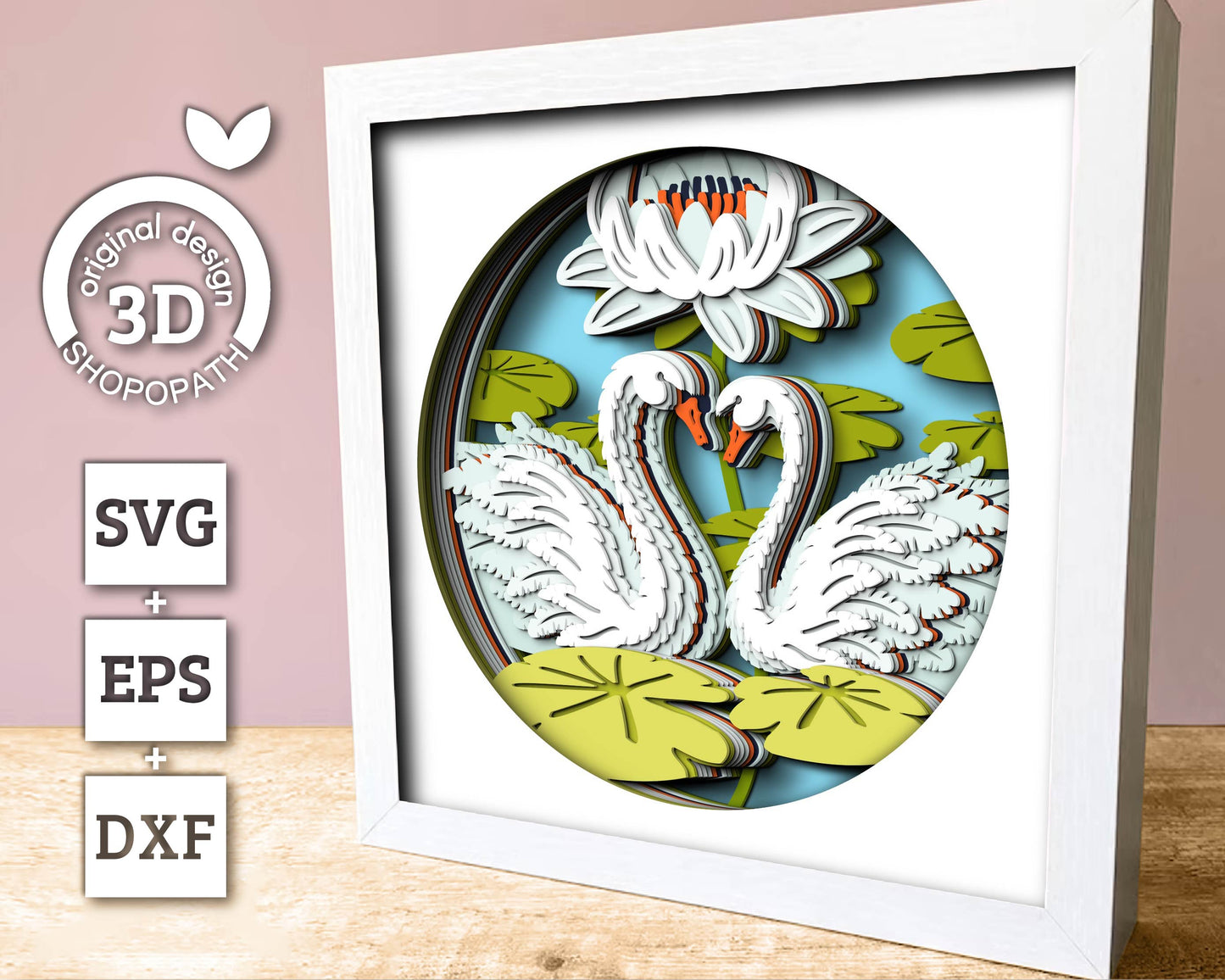 3D Swans With Water Lily Shadow Box SVG, Lily Flower 3D SVG, 3D Layered Swan Svg, 3D Summer SVG, 3d Lotus Flower svg, Cricut Silhouette