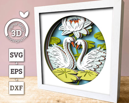 3D Swans With Water Lily Shadow Box SVG, Lily Flower 3D SVG, 3D Layered Swan Svg, 3D Summer SVG, 3d Lotus Flower svg, Cricut Silhouette
