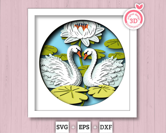 3D Swans With Water Lily Shadow Box SVG, Lily Flower 3D SVG, 3D Layered Swan Svg, 3D Summer SVG, 3d Lotus Flower svg, Cricut Silhouette