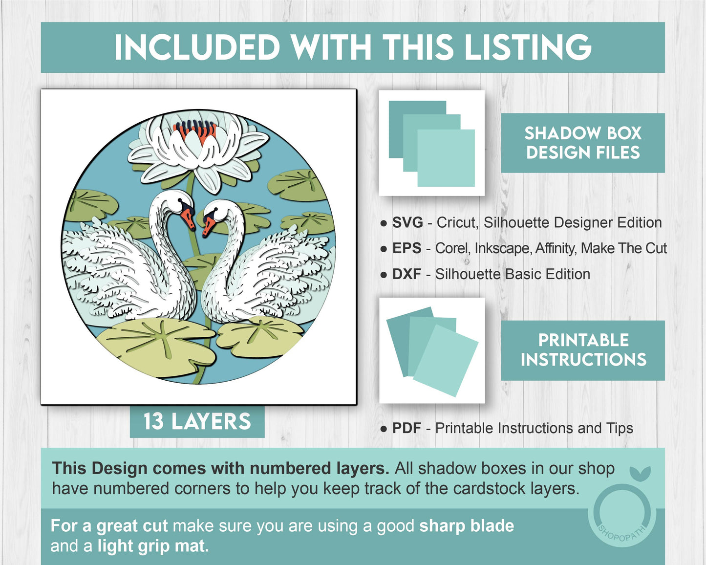 3D Swans With Water Lily Shadow Box SVG, Lily Flower 3D SVG, 3D Layered Swan Svg, 3D Summer SVG, 3d Lotus Flower svg, Cricut Silhouette
