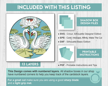 3D Swans With Water Lily Shadow Box SVG, Lily Flower 3D SVG, 3D Layered Swan Svg, 3D Summer SVG, 3d Lotus Flower svg, Cricut Silhouette