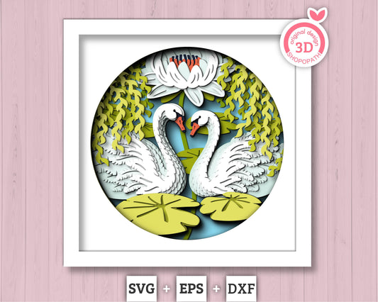 3D Swans Under Willow Tree Shadow Box SVG, Lily Flower 3D SVG, 3D Layered Swan Svg, 3D Summer SVG, 3d Lotus Flower svg, Cricut Silhouette