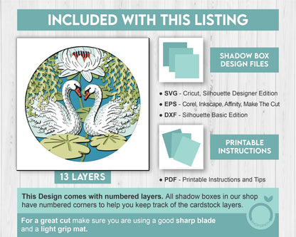 3D Swans Under Willow Tree Shadow Box SVG, Lily Flower 3D SVG, 3D Layered Swan Svg, 3D Summer SVG, 3d Lotus Flower svg, Cricut Silhouette