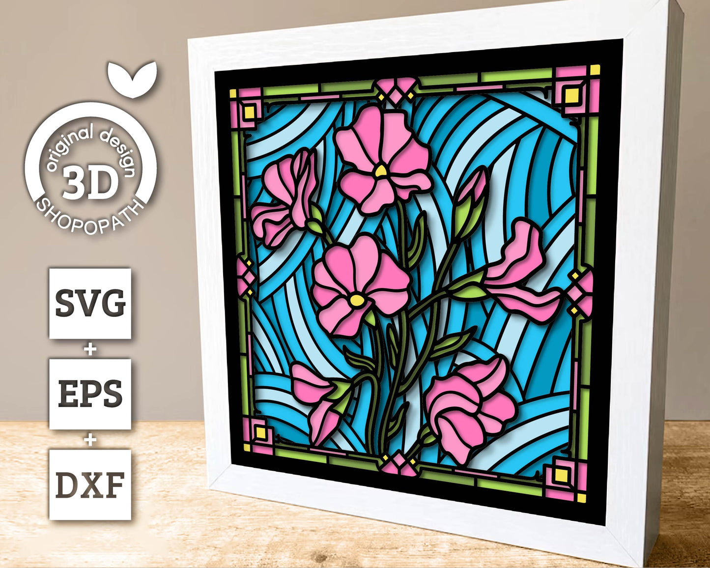 3D SVG Stained Glass Sweetpea Flowers Shadow Box, 3D Flowers svg, 3D SVG Spring Stained Glass Papercut, 3D Shadow Box svg, Cricut Silhouette