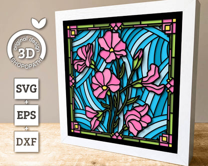 3D SVG Stained Glass Sweetpea Flowers Shadow Box, 3D Flowers svg, 3D SVG Spring Stained Glass Papercut, 3D Shadow Box svg, Cricut Silhouette