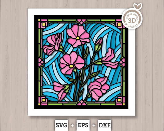 3D SVG Stained Glass Sweetpea Flowers Shadow Box, 3D Flowers svg, 3D SVG Spring Stained Glass Papercut, 3D Shadow Box svg, Cricut Silhouette