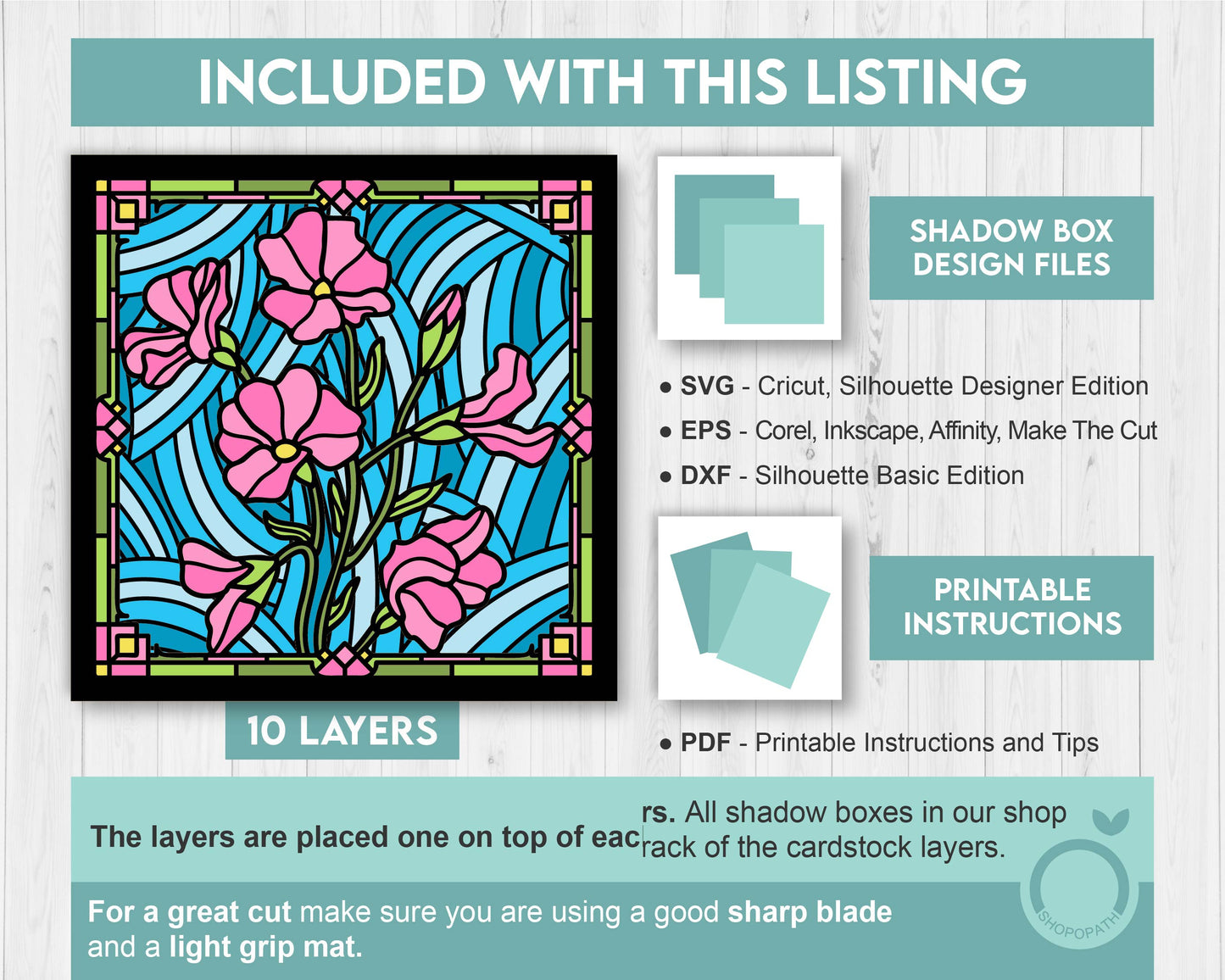 3D SVG Stained Glass Sweetpea Flowers Shadow Box, 3D Flowers svg, 3D SVG Spring Stained Glass Papercut, 3D Shadow Box svg, Cricut Silhouette