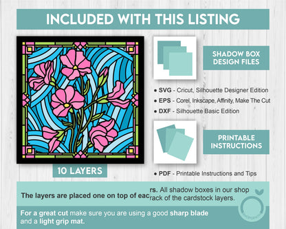 3D SVG Stained Glass Sweetpea Flowers Shadow Box, 3D Flowers svg, 3D SVG Spring Stained Glass Papercut, 3D Shadow Box svg, Cricut Silhouette