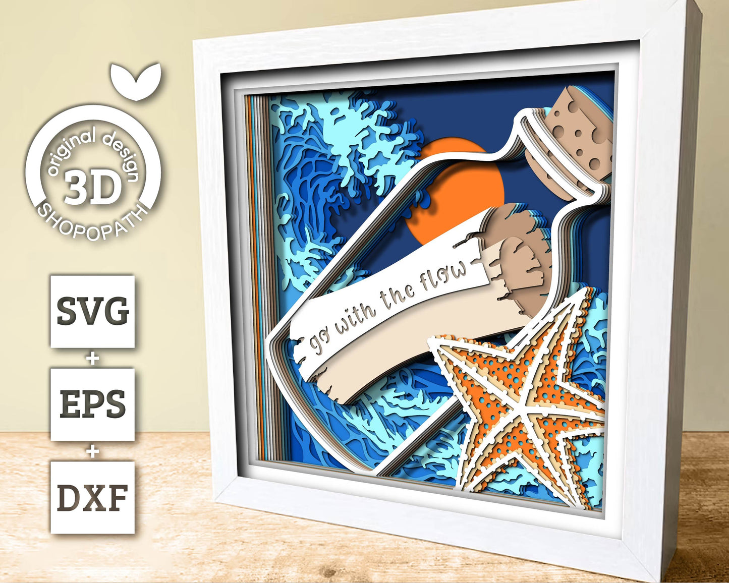 3D SVG Paper Scroll In Bottle Shadow Box, Message 3D Svg, Waves 3d Svg, Sea 3D svg, Summer 3d Svg, Paper Scroll 3D Svg Cricut Silhouette
