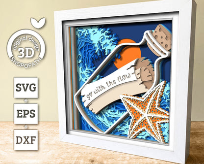 3D SVG Paper Scroll In Bottle Shadow Box, Message 3D Svg, Waves 3d Svg, Sea 3D svg, Summer 3d Svg, Paper Scroll 3D Svg Cricut Silhouette