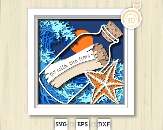 3D SVG Paper Scroll In Bottle Shadow Box, Message 3D Svg, Waves 3d Svg, Sea 3D svg, Summer 3d Svg, Paper Scroll 3D Svg Cricut Silhouette