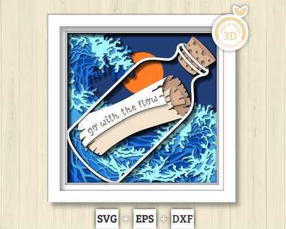 3D SVG Paper Scroll In Bottle Shadow Box, Message 3D Svg, Waves 3d Svg, Sea 3D svg, Summer 3d Svg, Paper Scroll 3D Svg Cricut Silhouette