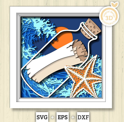 3D SVG Paper Scroll In Bottle Shadow Box, Message 3D Svg, Waves 3d Svg, Sea 3D svg, Summer 3d Svg, Paper Scroll 3D Svg Cricut Silhouette