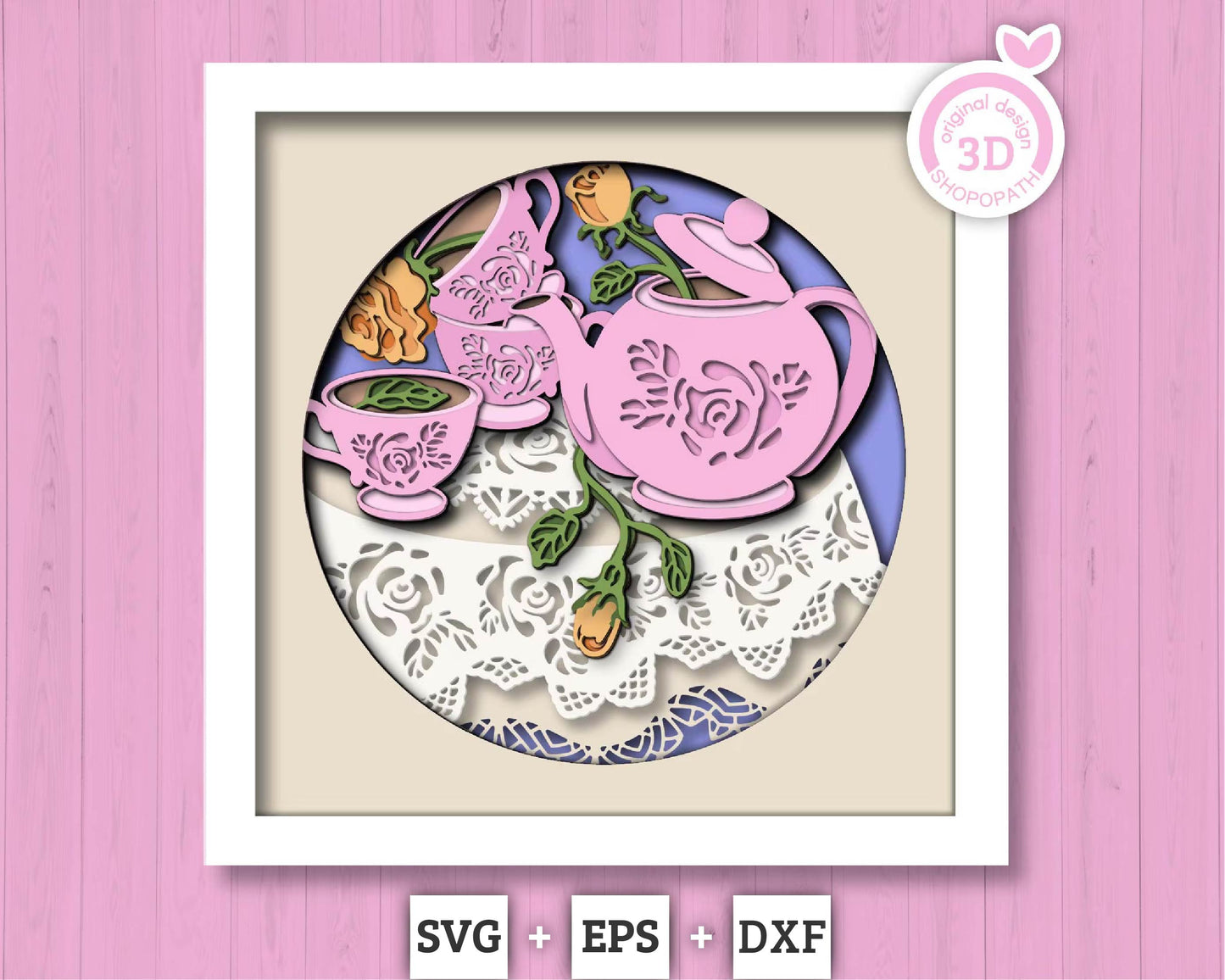 Tea Party with Lace - 3D Shadow Box Layered SVG DXF EPS (Cutting Files)