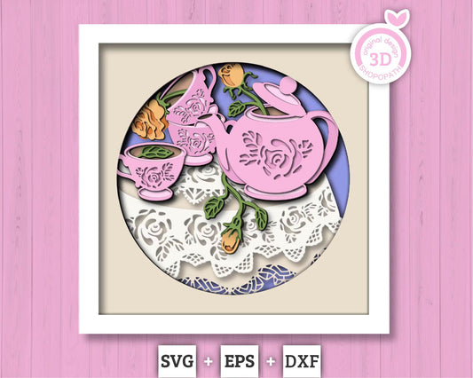 Tea Party with Lace - 3D Shadow Box Layered SVG DXF EPS (Cutting Files)