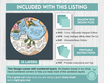 Tea Party with Lace - 3D Shadow Box Layered SVG DXF EPS (Cutting Files)