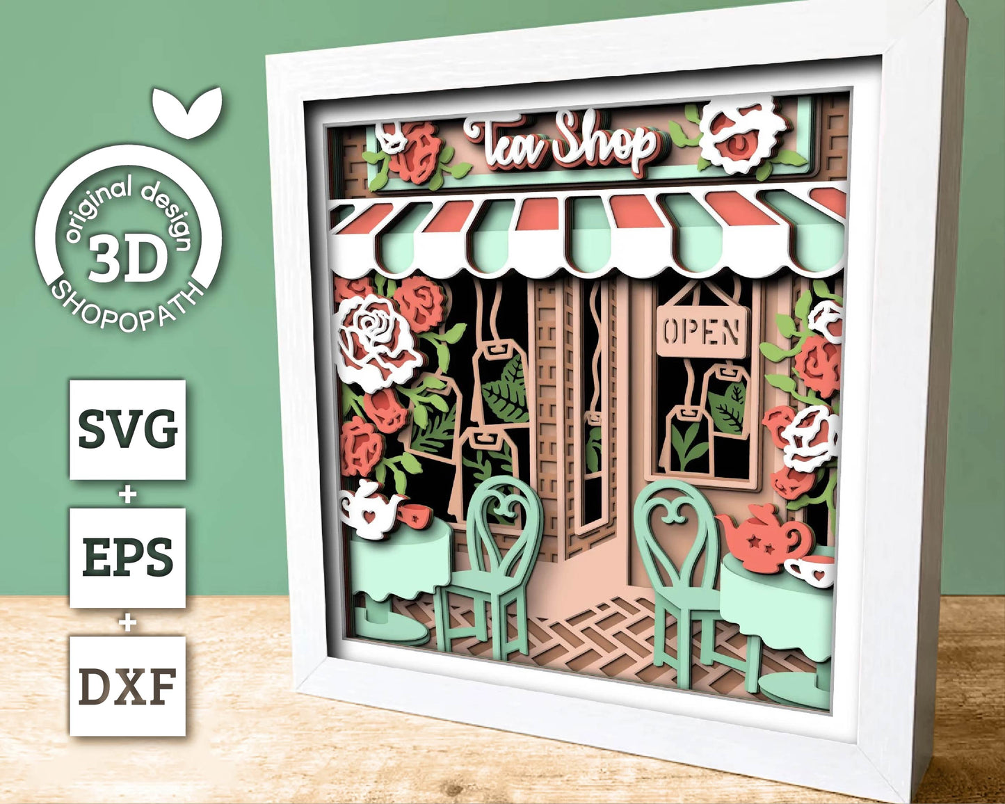 3D SVG Tea Shop Shadow Box, Tea Party 3D Svg, Tea Store 3d Svg, Roses Shadow Box, Teapot Flowers Papercut Layered svg, Cricut Silhouette