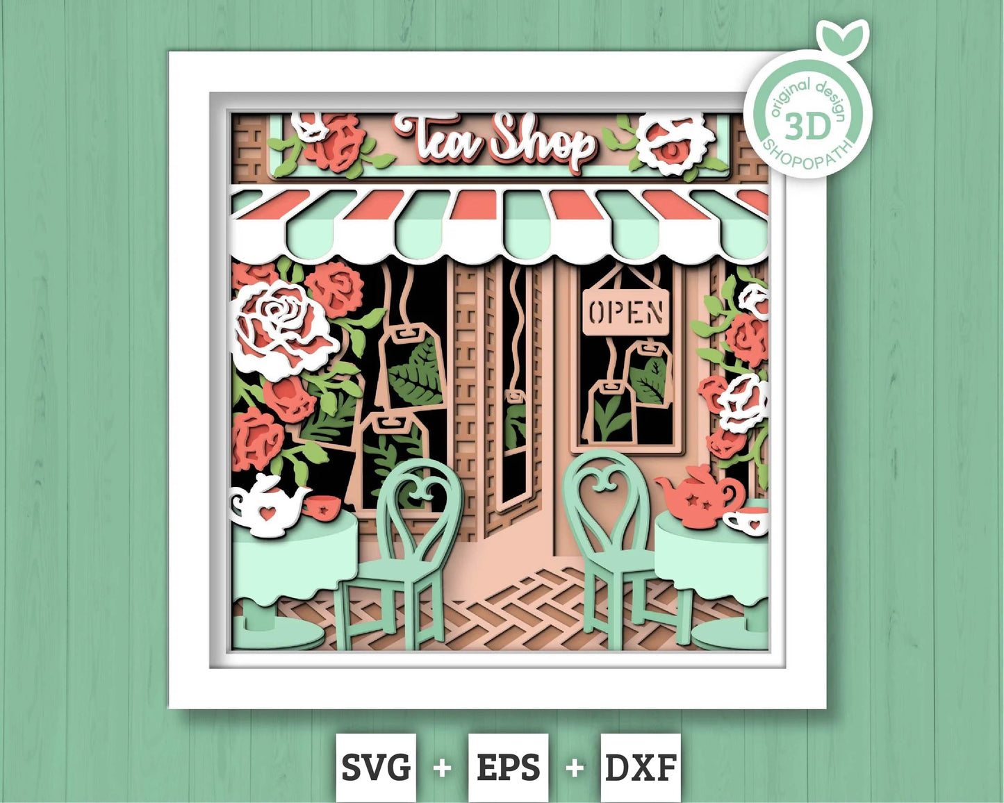 3D SVG Tea Shop Shadow Box, Tea Party 3D Svg, Tea Store 3d Svg, Roses Shadow Box, Teapot Flowers Papercut Layered svg, Cricut Silhouette