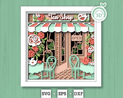 3D SVG Tea Shop Shadow Box, Tea Party 3D Svg, Tea Store 3d Svg, Roses Shadow Box, Teapot Flowers Papercut Layered svg, Cricut Silhouette