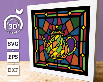 3D SVG Stained Glass Teapot Shadow Box, Tea 3D Svg Stained Glass Papercut, 3d Svg Home Decor SVG, Teatime Shadow Box svg Cricut Silhouette