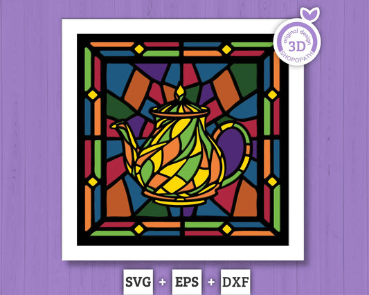 3D SVG Stained Glass Teapot Shadow Box, Tea 3D Svg Stained Glass Papercut, 3d Svg Home Decor SVG, Teatime Shadow Box svg Cricut Silhouette