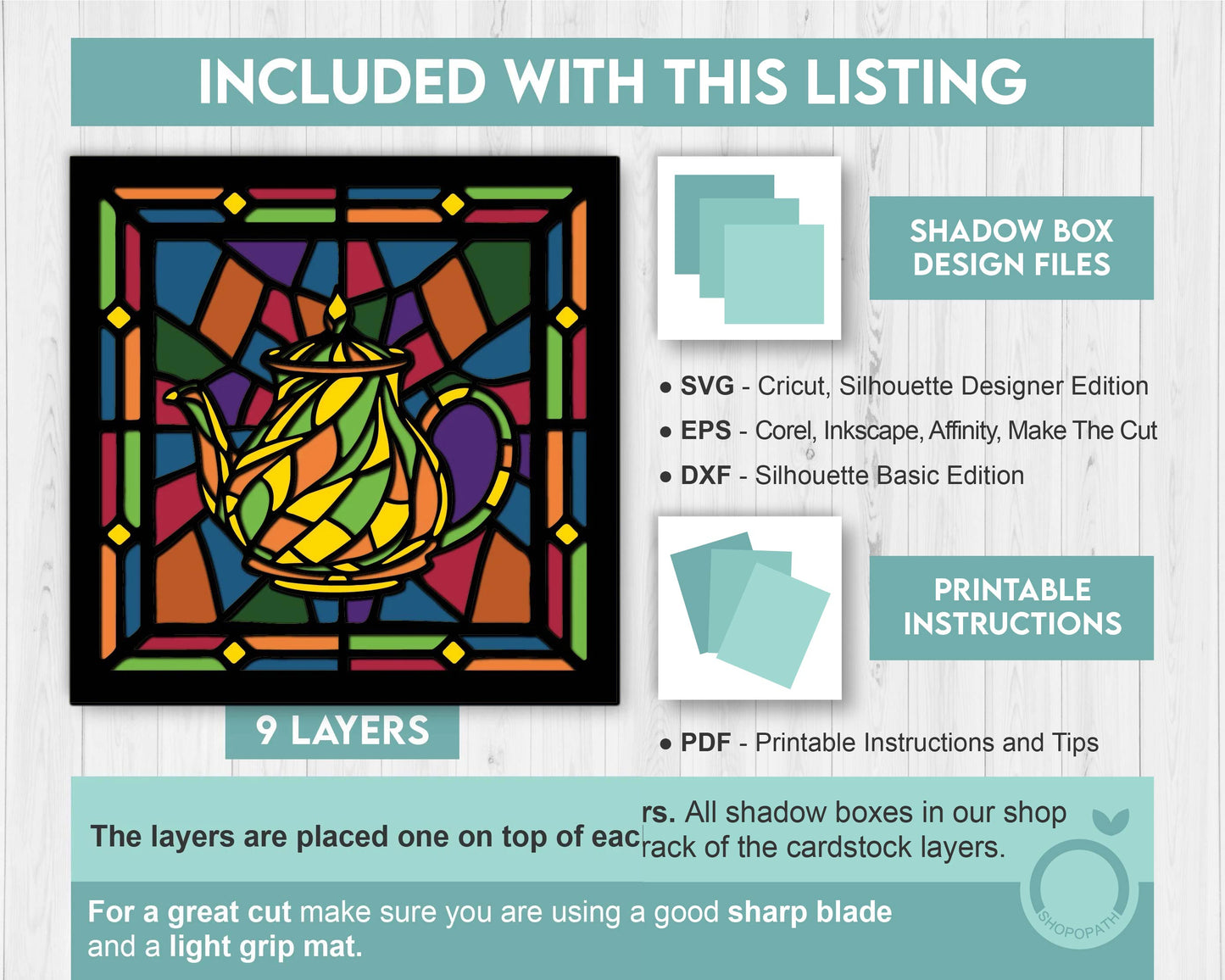3D SVG Stained Glass Teapot Shadow Box, Tea 3D Svg Stained Glass Papercut, 3d Svg Home Decor SVG, Teatime Shadow Box svg Cricut Silhouette