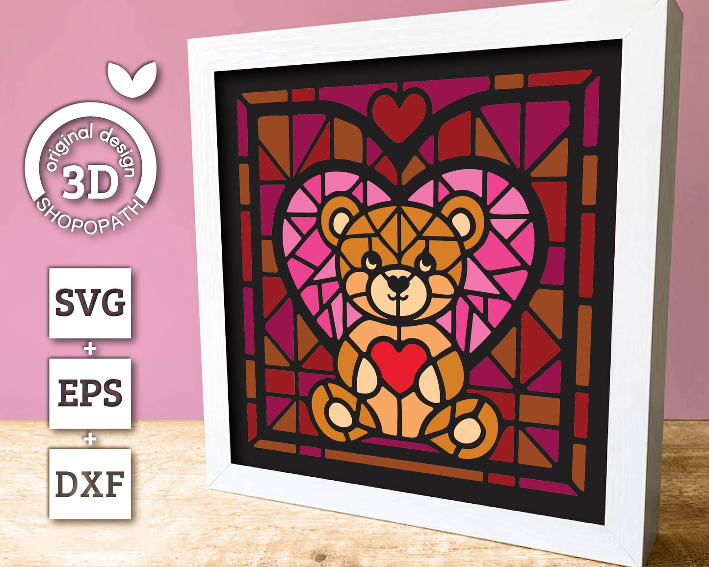 3D SVG Valentine's Day Stained Glass, Teddy Bear With Hearts Shadow Box, Heart Svg, Love Papercut 3d Svg, 3d Romantic svg Cricut Silhouette