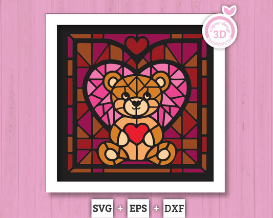 3D SVG Valentine's Day Stained Glass, Teddy Bear With Hearts Shadow Box, Heart Svg, Love Papercut 3d Svg, 3d Romantic svg Cricut Silhouette
