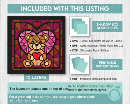 3D SVG Valentine's Day Stained Glass, Teddy Bear With Hearts Shadow Box, Heart Svg, Love Papercut 3d Svg, 3d Romantic svg Cricut Silhouette