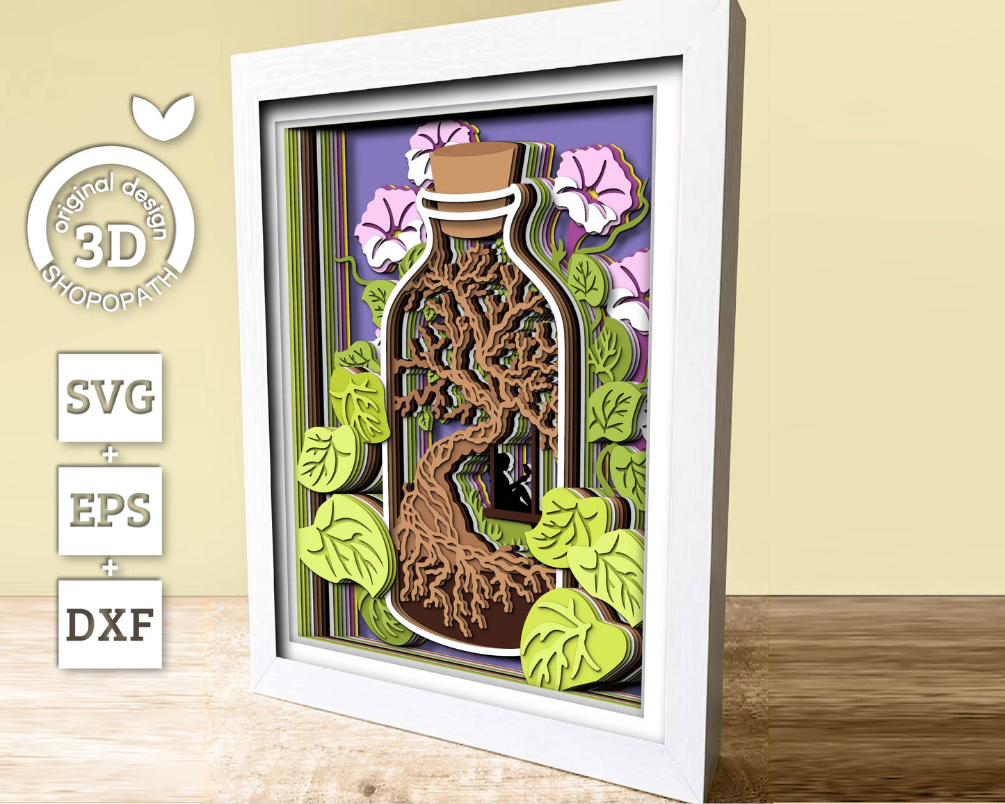 3D SVG Terrarium In Bottle Shadow Box, Morning Glory Flower 3d svg, Woman Reading 3d svg, 3D Summer SVG, 3D Floral SVG, Cricut Silhouette