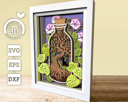 3D SVG Terrarium In Bottle Shadow Box, Morning Glory Flower 3d svg, Woman Reading 3d svg, 3D Summer SVG, 3D Floral SVG, Cricut Silhouette