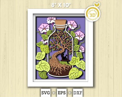 3D SVG Terrarium In Bottle Shadow Box, Morning Glory Flower 3d svg, Woman Reading 3d svg, 3D Summer SVG, 3D Floral SVG, Cricut Silhouette