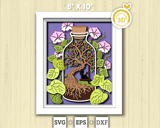 3D SVG Terrarium In Bottle Shadow Box, Morning Glory Flower 3d svg, Woman Reading 3d svg, 3D Summer SVG, 3D Floral SVG, Cricut Silhouette