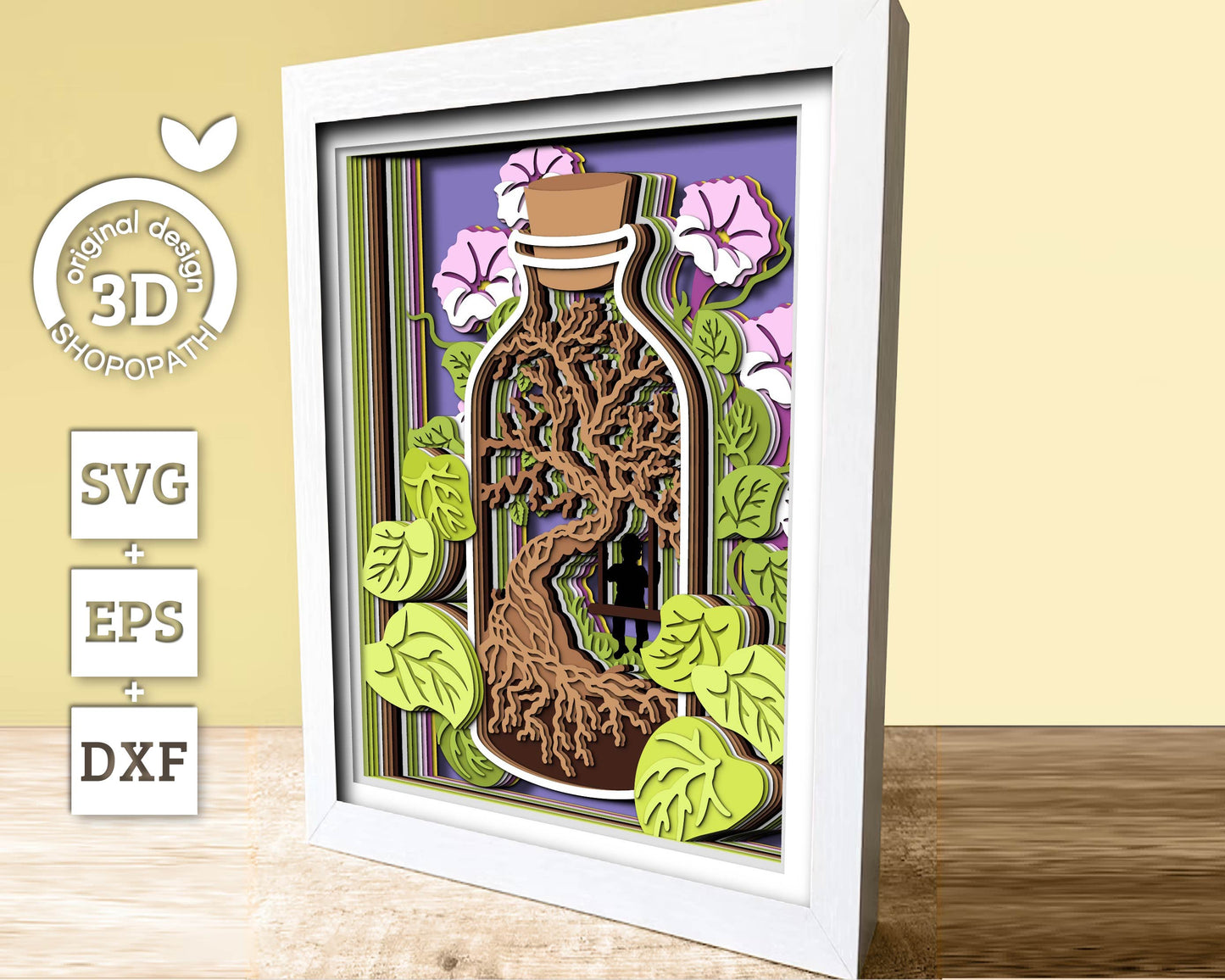 3D SVG Terrarium In Bottle Shadow Box, Morning Glory Flower 3d svg, Boy On A Swing 3d svg, 3D Summer SVG, 3D Floral SVG, Cricut Silhouette