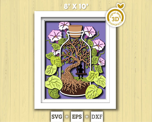 3D SVG Terrarium In Bottle Shadow Box, Morning Glory Flower 3d svg, Boy On A Swing 3d svg, 3D Summer SVG, 3D Floral SVG, Cricut Silhouette