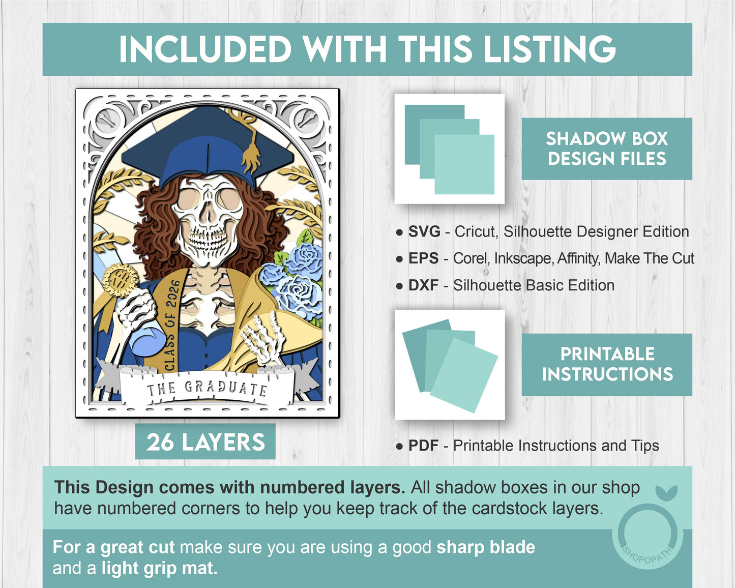 Girl Graduate Skeleton Tarot Card 8x10 inch - 3D Shadow Box Layered SVG DXF EPS (Cutting Files)