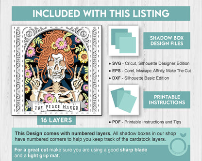 3D SVG Hippie Skeleton Tarot Card Shadow Box, Halloween Shadow Box 3D Svg, Card Read 3D SVG, Flowers 3d SVG, Tarot 3D Svg, Cricut Silhouette